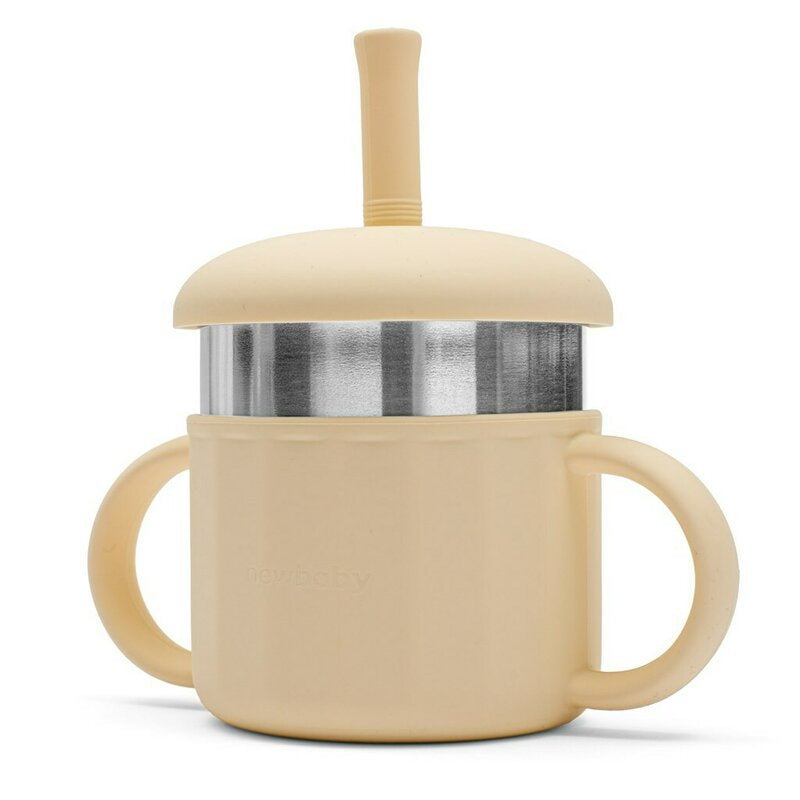 Canuta, New Baby, Cu manere si gura de scurgere care poate fi folosita de sine statatoare sau cu pai, 50% silicon, 50% otel inoxidabil, Fara BPA, 0 luni+, Beige