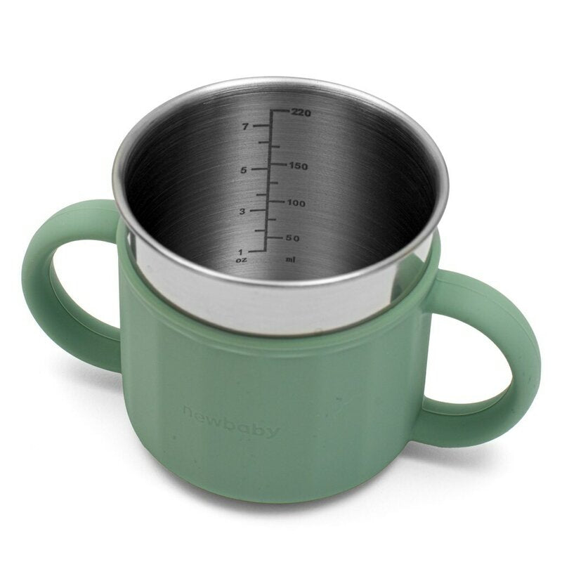Canuta, New Baby, Cu manere si gura de scurgere care poate fi folosita de sine statatoare sau cu pai, 50% silicon, 50% otel inoxidabil, Fara BPA, 0 luni+, Green