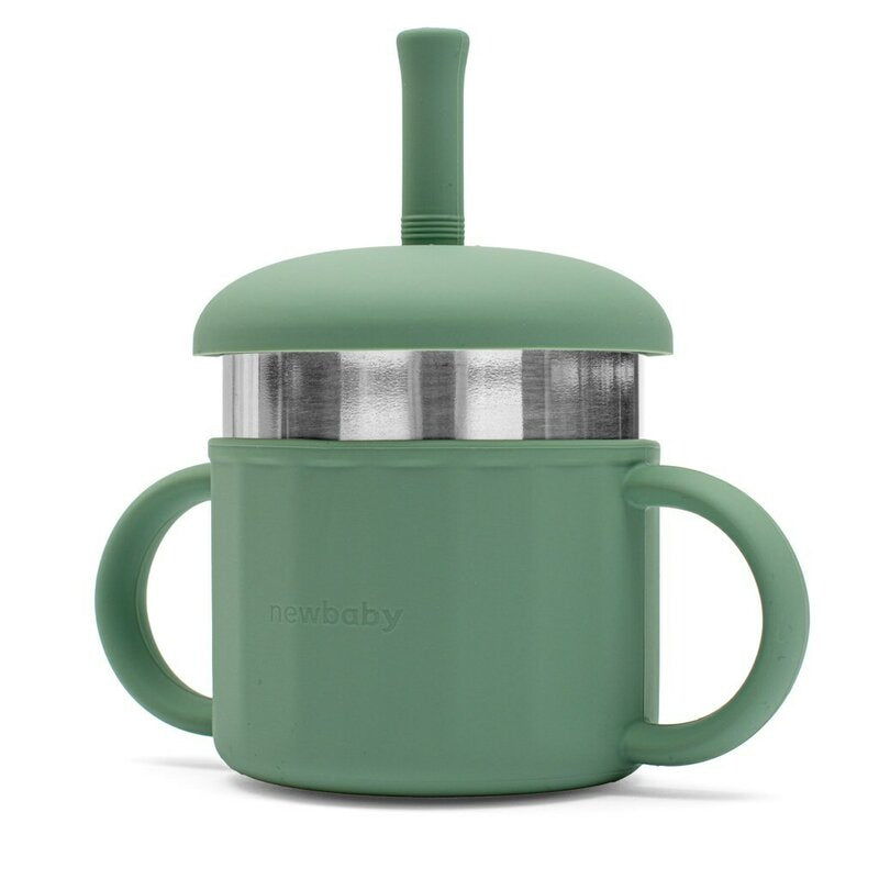 Canuta, New Baby, Cu manere si gura de scurgere care poate fi folosita de sine statatoare sau cu pai, 50% silicon, 50% otel inoxidabil, Fara BPA, 0 luni+, Green