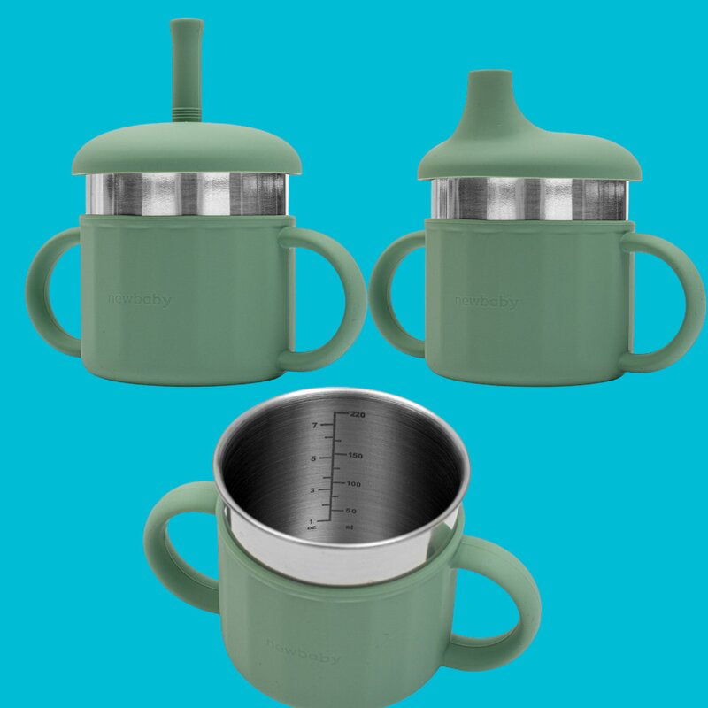 Canuta, New Baby, Cu manere si gura de scurgere care poate fi folosita de sine statatoare sau cu pai, 50% silicon, 50% otel inoxidabil, Fara BPA, 0 luni+, Green