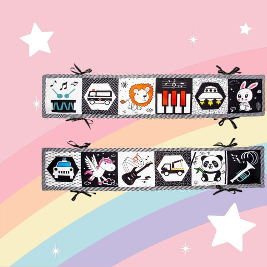 Carticica senzoriala, Bocioland, Cu 12 imagini contrastante, Fosneste cand este atinsa, Cu panglici pentru atasare la patut, 15x80,5 cm, 0 luni+, Rabbit