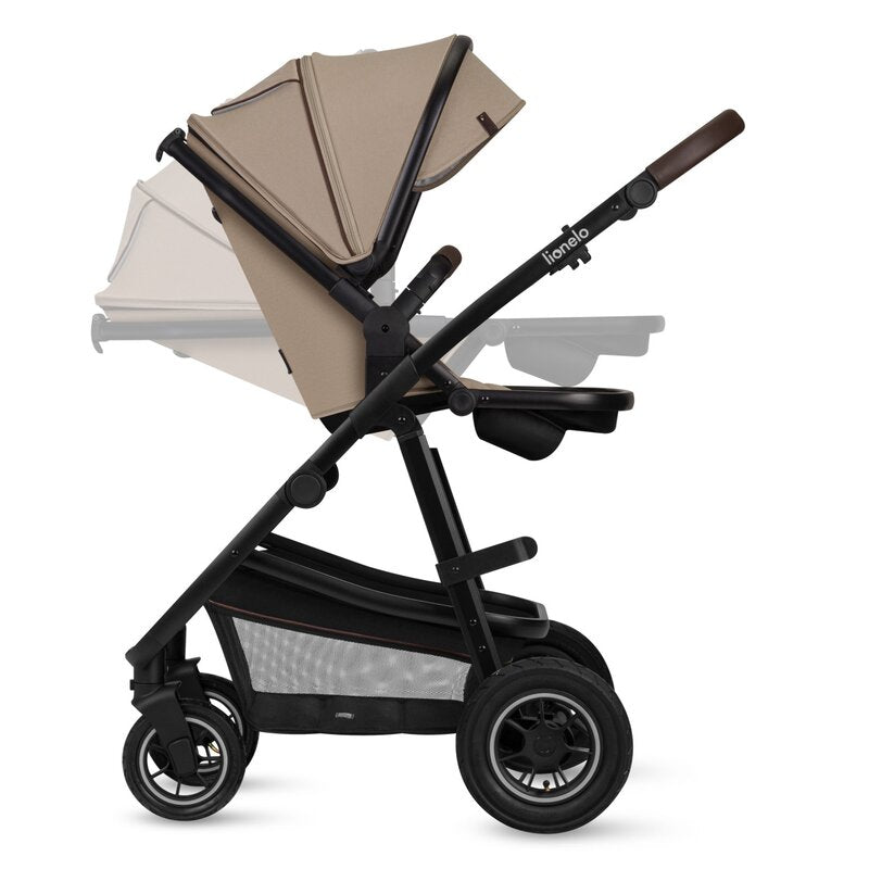 Carucior 2 in 1, Lionelo, Amber, Cadru aluminiu, Cu landou intarit si salteluta moale, Reversibil, Maner ajustabil, Huse pentru picioare, ploaie, Plasa de tantari, Geanta parinti, Pana la 22 kg, EN1888-1, EN1888-2, EN1466, Bej