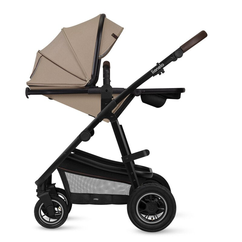 Carucior 2 in 1, Lionelo, Amber, Cadru aluminiu, Cu landou intarit si salteluta moale, Reversibil, Maner ajustabil, Huse pentru picioare, ploaie, Plasa de tantari, Geanta parinti, Pana la 22 kg, EN1888-1, EN1888-2, EN1466, Bej