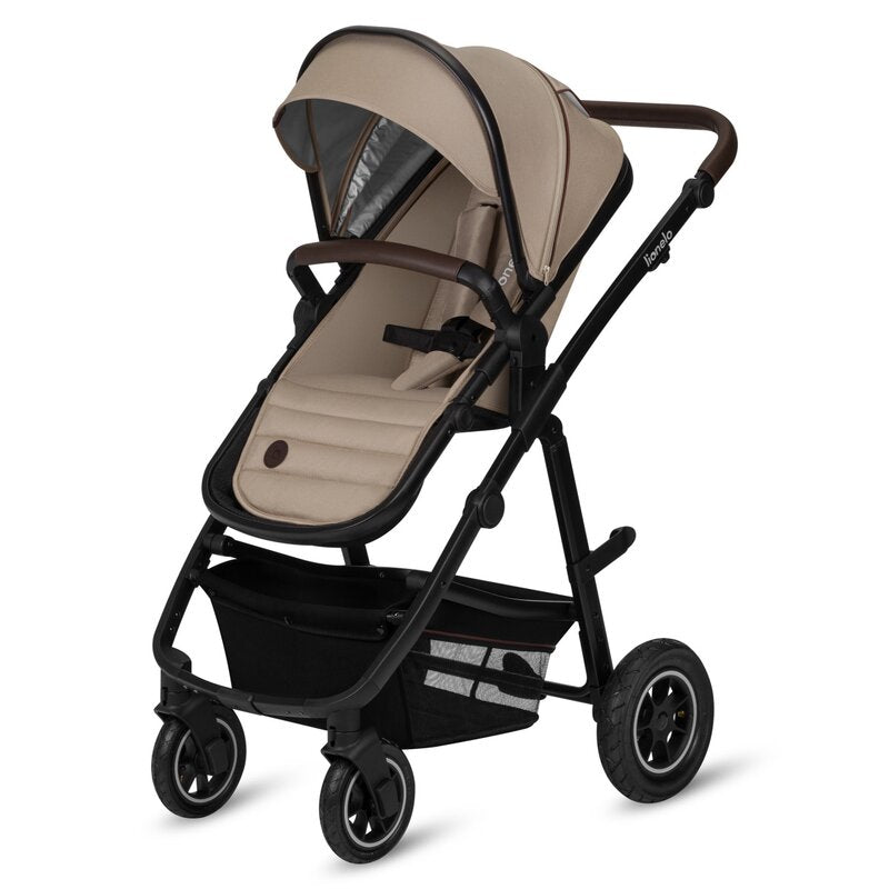 Carucior 2 in 1, Lionelo, Amber, Cadru aluminiu, Cu landou intarit si salteluta moale, Reversibil, Maner ajustabil, Huse pentru picioare, ploaie, Plasa de tantari, Geanta parinti, Pana la 22 kg, EN1888-1, EN1888-2, EN1466, Bej