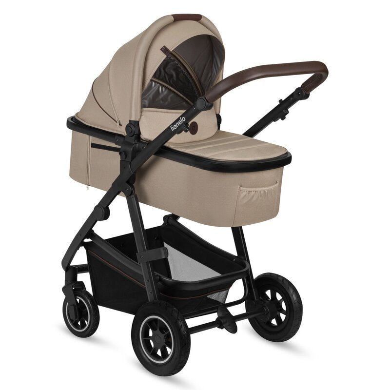 Carucior 2 in 1, Lionelo, Amber, Cadru aluminiu, Cu landou intarit si salteluta moale, Reversibil, Maner ajustabil, Huse pentru picioare, ploaie, Plasa de tantari, Geanta parinti, Pana la 22 kg, EN1888-1, EN1888-2, EN1466, Bej