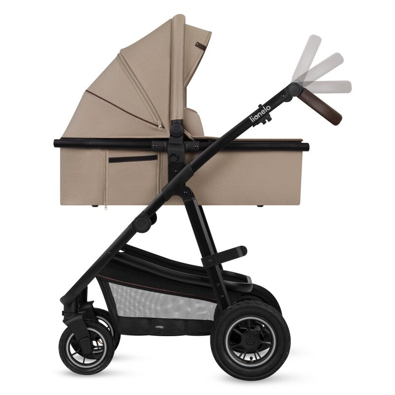 Carucior 2 in 1, Lionelo, Amber, Cadru aluminiu, Cu landou intarit si salteluta moale, Reversibil, Maner ajustabil, Huse pentru picioare, ploaie, Plasa de tantari, Geanta parinti, Pana la 22 kg, EN1888-1, EN1888-2, EN1466, Bej
