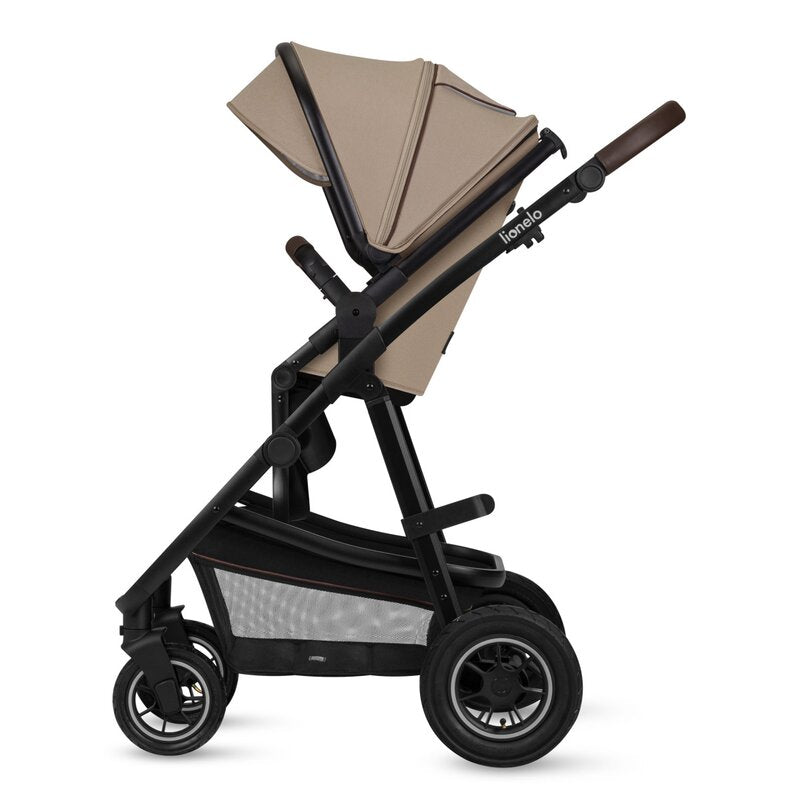 Carucior 2 in 1, Lionelo, Amber, Cadru aluminiu, Cu landou intarit si salteluta moale, Reversibil, Maner ajustabil, Huse pentru picioare, ploaie, Plasa de tantari, Geanta parinti, Pana la 22 kg, EN1888-1, EN1888-2, EN1466, Bej