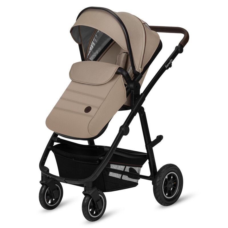 Carucior 2 in 1, Lionelo, Amber, Cadru aluminiu, Cu landou intarit si salteluta moale, Reversibil, Maner ajustabil, Huse pentru picioare, ploaie, Plasa de tantari, Geanta parinti, Pana la 22 kg, EN1888-1, EN1888-2, EN1466, Bej