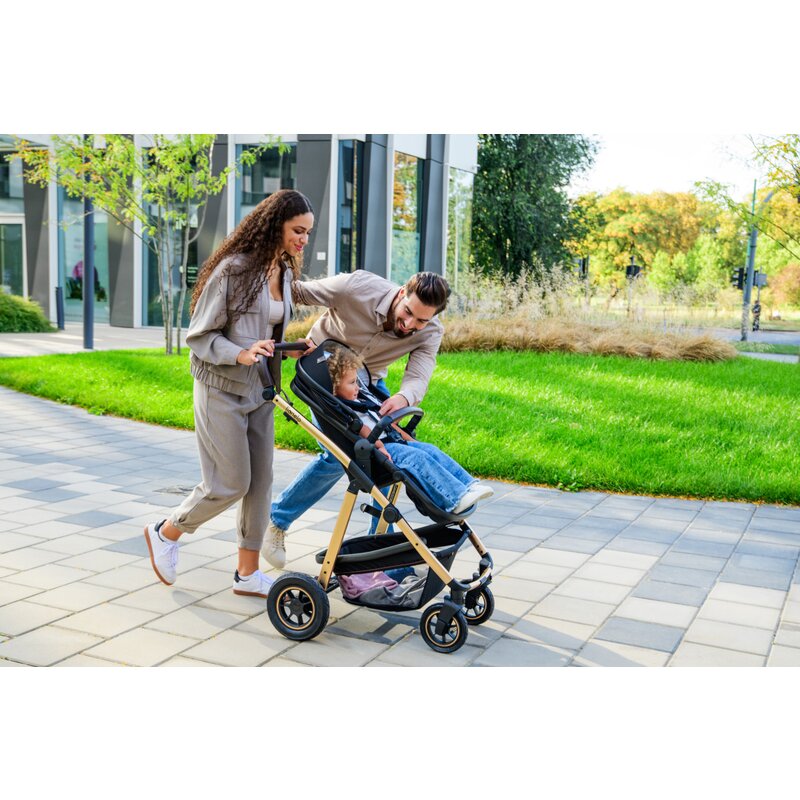Carucior 2 in 1, Lionelo, Amber, Cadru aluminiu, Cu landou intarit si salteluta moale, Reversibil, Maner ajustabil, Huse pentru picioare, ploaie, Plasa de tantari, Geanta parinti, Pana la 22 kg, EN1888-1, EN1888-2, EN1466, Bej