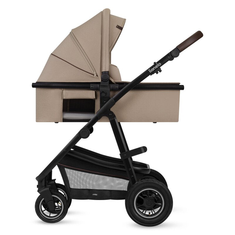 Carucior 2 in 1, Lionelo, Amber, Cadru aluminiu, Cu landou intarit si salteluta moale, Reversibil, Maner ajustabil, Huse pentru picioare, ploaie, Plasa de tantari, Geanta parinti, Pana la 22 kg, EN1888-1, EN1888-2, EN1466, Bej