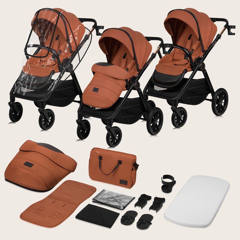 Carucior 2 in 1, Lionelo, Layla, Pana la 22 kg, Cadru aluminiu, Cu landou intarit si salteluta din spuma AirDots, Reversibil, Cu ventilatie 3D, Cu accesorii, EN1888-1, EN1888-2, EN1466, Maro