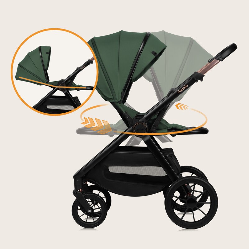 Carucior 2 in 1, Lionelo, Layla, Pana la 22 kg, Cadru aluminiu, Cu landou intarit si salteluta din spuma AirDots, Reversibil, Cu ventilatie 3D, Cu accesorii, EN1888-1, EN1888-2, EN1466, Verde