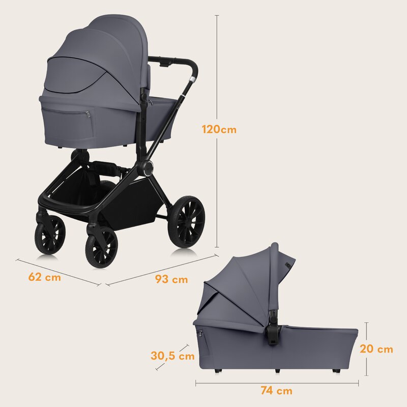 Carucior 2 in 1, Lionelo, Mika Plus, Cadru din aluminiu, Cu landou intarit si salteluta moale, Reversibil, Cu sistem de ventilatie 3D, Cu accesorii, Pana la 22 kg, Conform cu EN1888-1 EN1888-2, EN1466, Gri