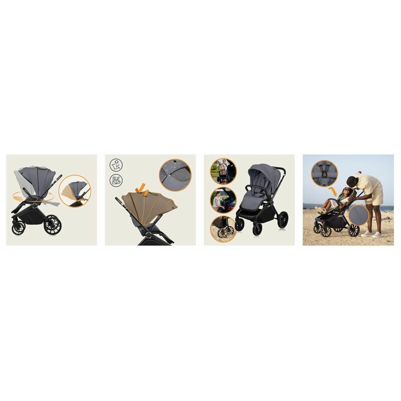 Carucior 2 in 1, Lionelo, Mika Plus, Cadru din aluminiu, Cu landou intarit si salteluta moale, Reversibil, Cu sistem de ventilatie 3D, Cu accesorii, Pana la 22 kg, Conform cu EN1888-1 EN1888-2, EN1466, Gri