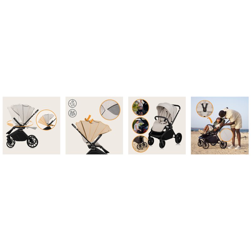 Carucior 2 in 1, Lionelo, Mika Plus, Cadru din aluminiu, Cu landou intarit si salteluta moale, Reversibil, Cu sistem de ventilatie 3D, Cu accesorii, Pana la 22 kg, Conform cu EN1888-1 EN1888-2, EN1466, Bej