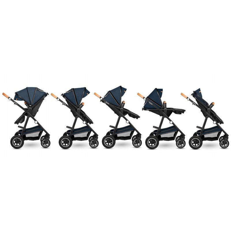 Carucior 3 in 1, Lionelo, Amber, Cadru aluminiu, Cu landou intarit si salteluta moale, Cu scoica auto testata ADAC, Reversibil, Cu accesorii, Geanta parinti, Pana la 22 kg, Albastru