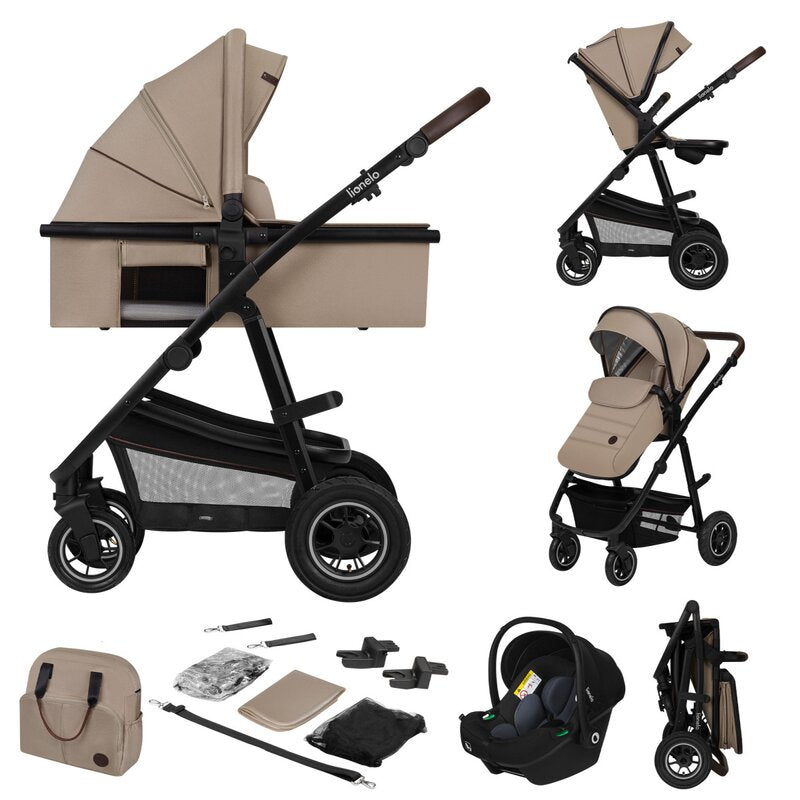 Carucior 3 in 1, Lionelo, Amber, Landou intarit, Scoica auto testata ADAC, Reversibil, Cu accesorii, Geanta parinti, Pana la 22 kg, Bej