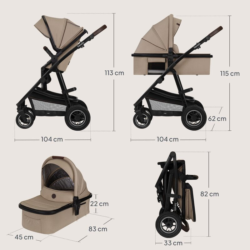 Carucior 3 in 1, Lionelo, Amber, Landou intarit, Scoica auto testata ADAC, Reversibil, Cu accesorii, Geanta parinti, Pana la 22 kg, Bej