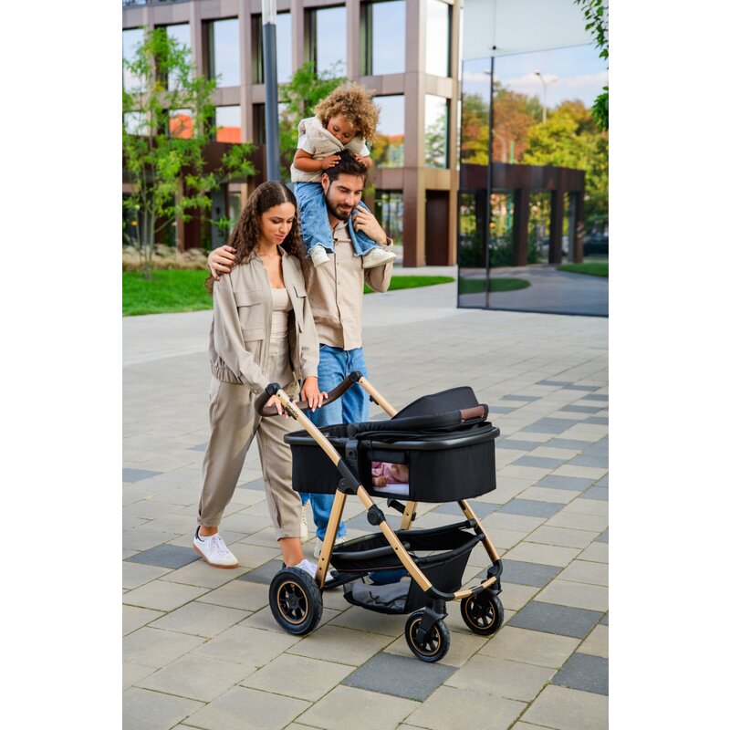 Carucior 3 in 1, Lionelo, Amber, Landou intarit, Scoica auto testata ADAC, Reversibil, Cu accesorii, Geanta parinti, Pana la 22 kg, Bej