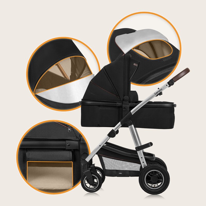 Carucior 3 in 1, Lionelo, Amber, Cadru aluminiu, Cu landou intarit si salteluta moale, Cu scoica auto testata ADAC, Reversibil, Cu accesorii, Geanta parinti, Pana la 22 kg, Negru silver