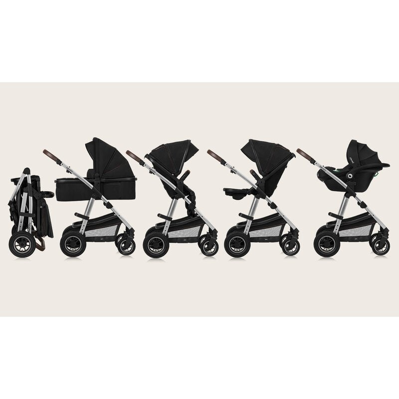 Carucior 3 in 1, Lionelo, Amber, Cadru aluminiu, Cu landou intarit si salteluta moale, Cu scoica auto testata ADAC, Reversibil, Cu accesorii, Geanta parinti, Pana la 22 kg, Negru silver