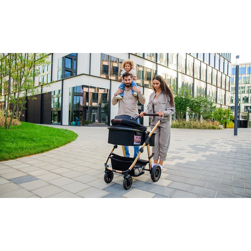 Carucior 3 in 1, Lionelo, Amber, Cadru aluminiu, Cu landou intarit si salteluta moale, Cu scoica auto testata ADAC, Reversibil, Cu accesorii, Geanta parinti, Pana la 22 kg, Negru silver