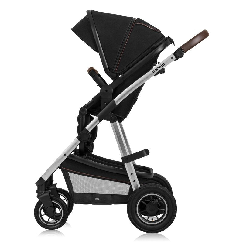 Carucior 3 in 1, Lionelo, Amber, Cadru aluminiu, Cu landou intarit si salteluta moale, Cu scoica auto testata ADAC, Reversibil, Cu accesorii, Geanta parinti, Pana la 22 kg, Negru silver