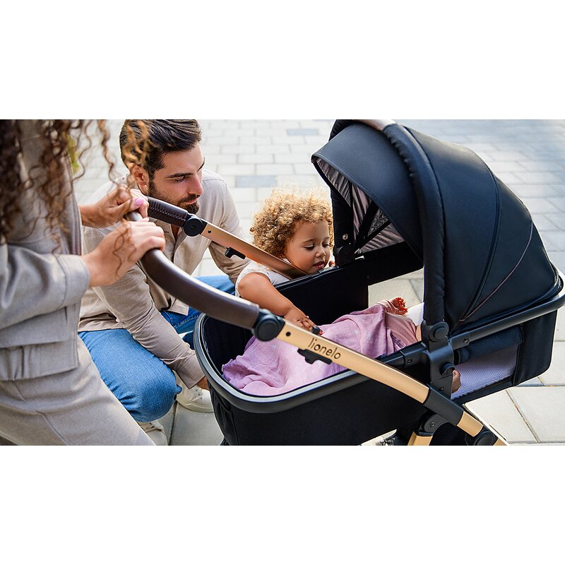 Carucior 3 in 1, Lionelo, Amber, Cadru aluminiu, Cu landou intarit si salteluta moale, Cu scoica auto testata ADAC, Reversibil, Cu accesorii, Geanta parinti, Pana la 22 kg, Negru silver