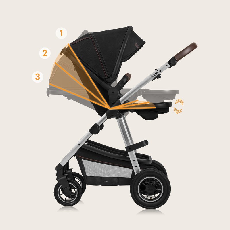 Carucior 3 in 1, Lionelo, Amber, Cadru aluminiu, Cu landou intarit si salteluta moale, Cu scoica auto testata ADAC, Reversibil, Cu accesorii, Geanta parinti, Pana la 22 kg, Negru silver