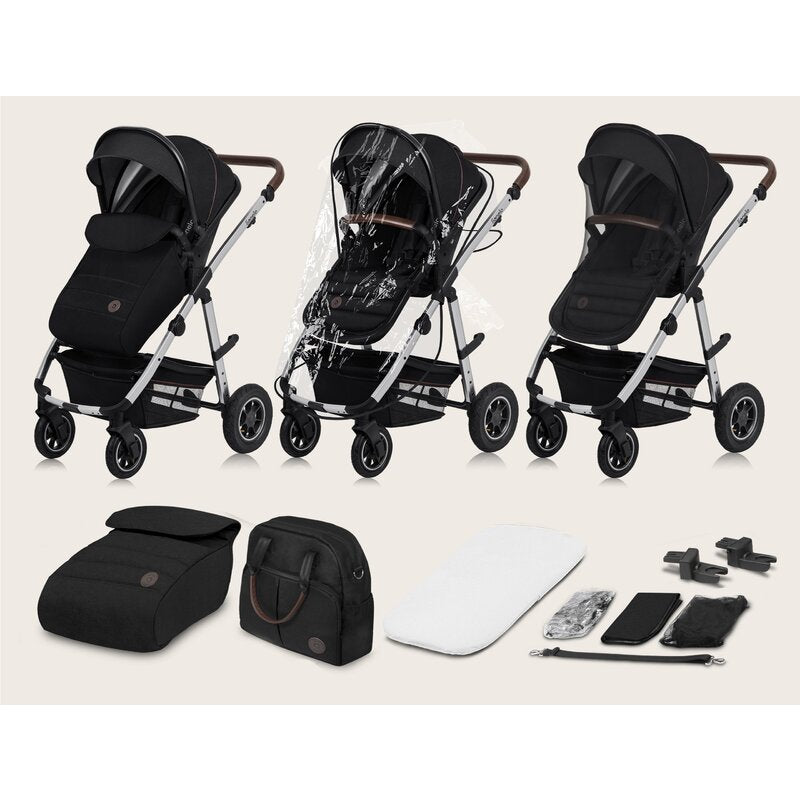Carucior 3 in 1, Lionelo, Amber, Cadru aluminiu, Cu landou intarit si salteluta moale, Cu scoica auto testata ADAC, Reversibil, Cu accesorii, Geanta parinti, Pana la 22 kg, Negru silver