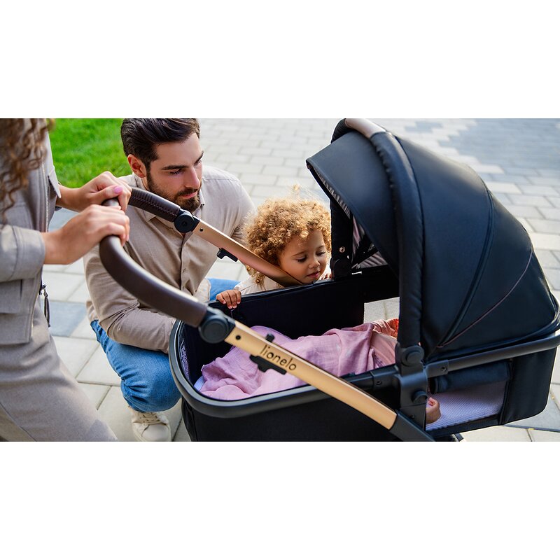 Carucior 3 in 1, Lionelo, Amber, Cadru aluminiu, Cu landou intarit si salteluta moale, Cu scoica auto testata ADAC, Reversibil, Cu accesorii, Geanta parinti, Pana la 22 kg, Negru silver