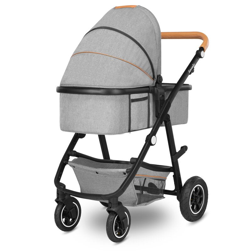 Carucior 3 in 1 Lionelo Amber, Cadru din aluminiu, Landou confortabil, Scaun auto testat ADAC, Accesorii incluse, Geanta parinti, pana la 22 kg, Certificat EN1888, Gri Deschis