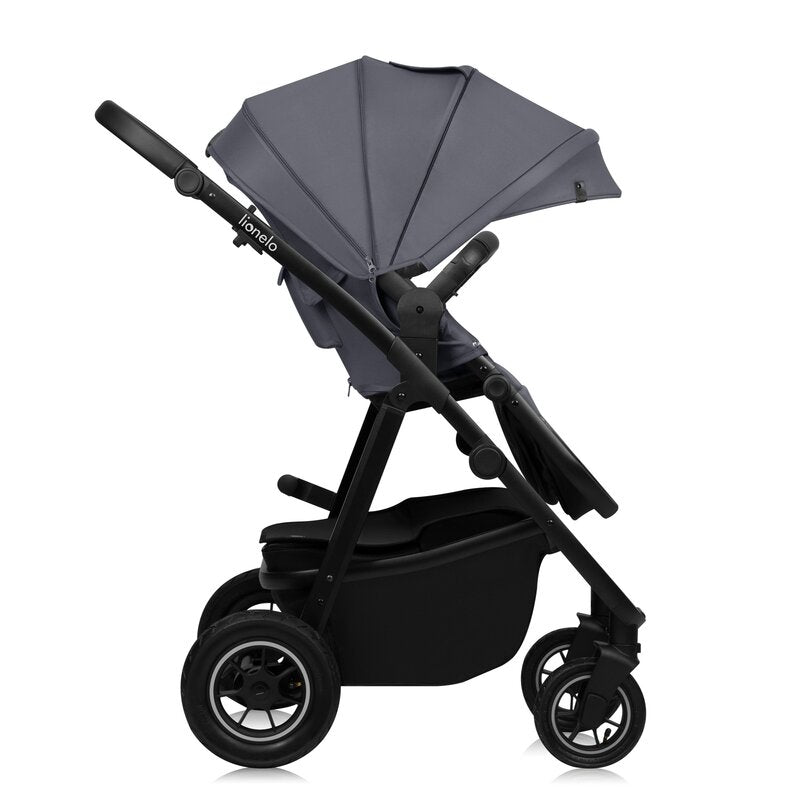 Carucior 3 in 1, Lionelo, Amber Plus, Cadru aluminiu, Cu landou intarit si salteluta moale, Cu scoica auto testata ADAC, Reversibil, Maner ajustabil, Cu accesorii, Cu ventilatie panoramica 3D, Pana la 22 kg, EN1888-1, EN1888-2, EN1466, ECE R129, Gri