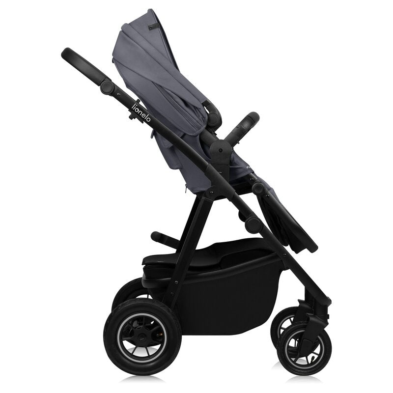 Carucior 3 in 1, Lionelo, Amber Plus, Cadru aluminiu, Cu landou intarit si salteluta moale, Cu scoica auto testata ADAC, Reversibil, Maner ajustabil, Cu accesorii, Cu ventilatie panoramica 3D, Pana la 22 kg, EN1888-1, EN1888-2, EN1466, ECE R129, Gri