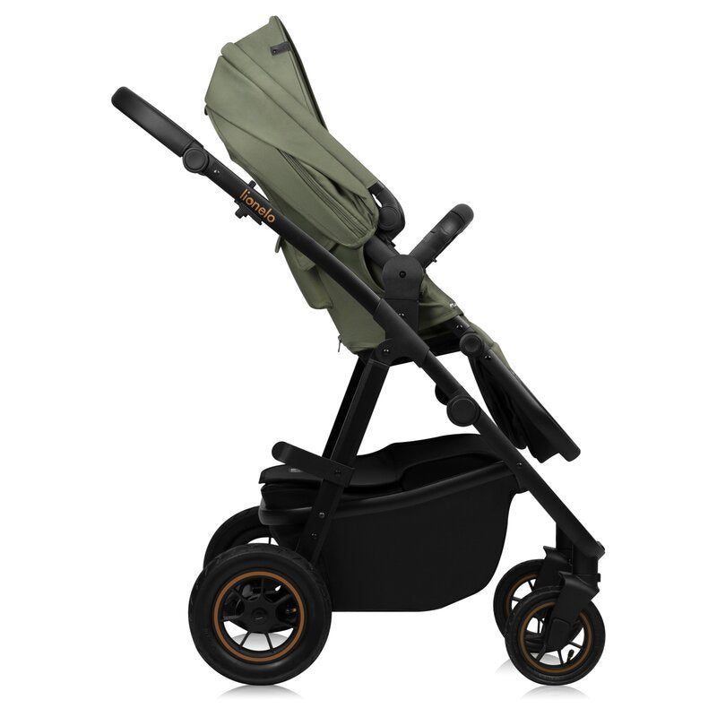 Carucior 3 in 1, Lionelo, Amber Plus, Cadru aluminiu, Cu landou intarit si salteluta moale, Cu scoica auto testata ADAC, Reversibil, Maner ajustabil, Cu accesorii, Cu ventilatie panoramica 3D, Pana la 22 kg, EN1888-1, EN1888-2, EN1466, ECE R129, Verde
