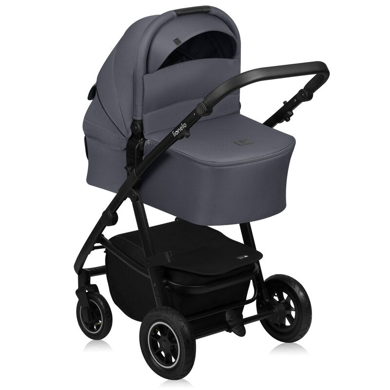 Carucior 3 in 1, Lionelo, Amber Plus, Cadru aluminiu, Cu landou intarit si salteluta moale, Cu scoica auto testata ADAC, Reversibil, Maner ajustabil, Cu accesorii, Cu ventilatie panoramica 3D, Pana la 22 kg, EN1888-1, EN1888-2, EN1466, ECE R129, Gri