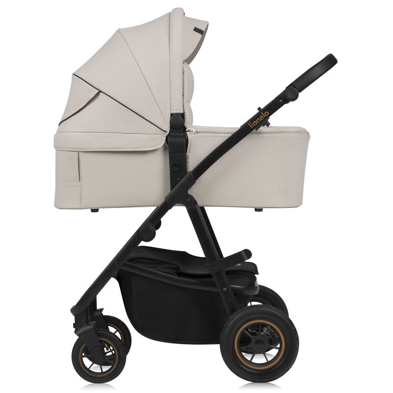 Carucior 3 in 1, Lionelo, Amber Plus, Cadru aluminiu, Cu landou intarit si salteluta moale, Cu scoica auto testata ADAC, Reversibil, Maner ajustabil, Cu accesorii, Cu ventilatie panoramica 3D, Pana la 22 kg, EN1888-1, EN1888-2, EN1466, ECE R129, Bej
