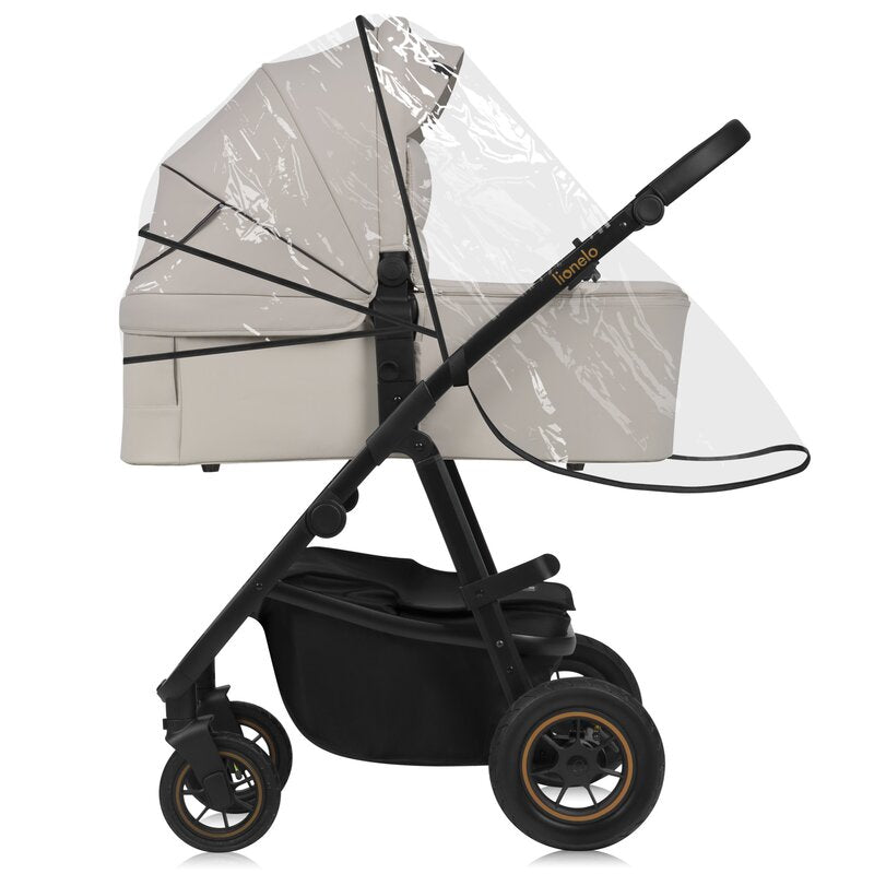 Carucior 3 in 1, Lionelo, Amber Plus, Cadru aluminiu, Cu landou intarit si salteluta moale, Cu scoica auto testata ADAC, Reversibil, Maner ajustabil, Cu accesorii, Cu ventilatie panoramica 3D, Pana la 22 kg, EN1888-1, EN1888-2, EN1466, ECE R129, Bej
