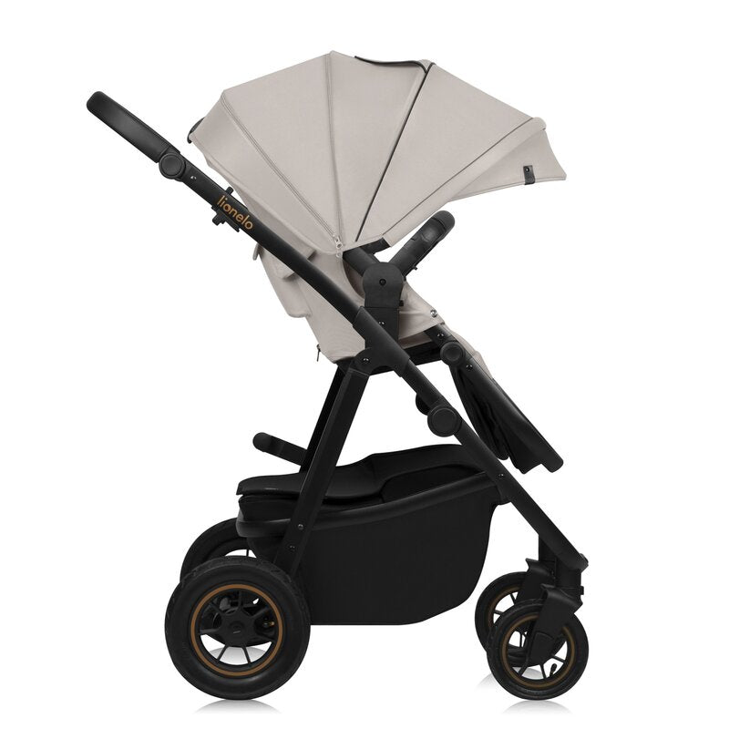 Carucior 3 in 1, Lionelo, Amber Plus, Cadru aluminiu, Cu landou intarit si salteluta moale, Cu scoica auto testata ADAC, Reversibil, Maner ajustabil, Cu accesorii, Cu ventilatie panoramica 3D, Pana la 22 kg, EN1888-1, EN1888-2, EN1466, ECE R129, Bej