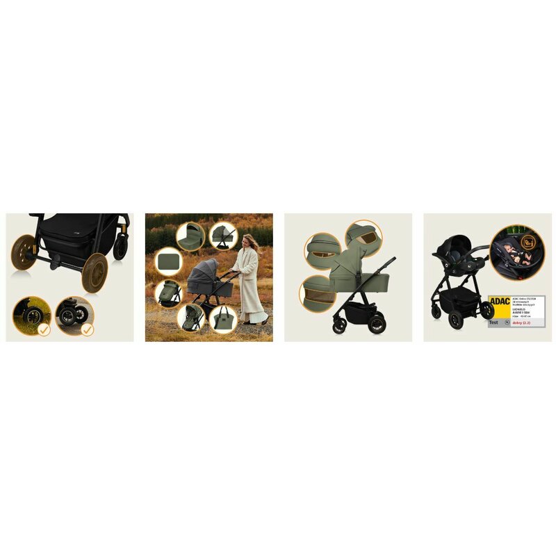 Carucior 3 in 1, Lionelo, Amber Plus, Cadru aluminiu, Cu landou intarit si salteluta moale, Cu scoica auto testata ADAC, Reversibil, Maner ajustabil, Cu accesorii, Cu ventilatie panoramica 3D, Pana la 22 kg, EN1888-1, EN1888-2, EN1466, ECE R129, Verde