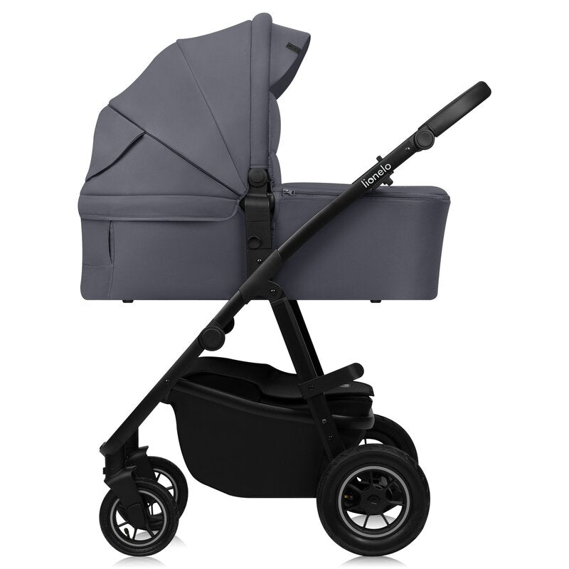 Carucior 3 in 1, Lionelo, Amber Plus, Cadru aluminiu, Cu landou intarit si salteluta moale, Cu scoica auto testata ADAC, Reversibil, Maner ajustabil, Cu accesorii, Cu ventilatie panoramica 3D, Pana la 22 kg, EN1888-1, EN1888-2, EN1466, ECE R129, Gri