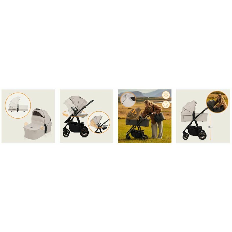 Carucior 3 in 1, Lionelo, Amber Plus, Cadru aluminiu, Cu landou intarit si salteluta moale, Cu scoica auto testata ADAC, Reversibil, Maner ajustabil, Cu accesorii, Cu ventilatie panoramica 3D, Pana la 22 kg, EN1888-1, EN1888-2, EN1466, ECE R129, Bej