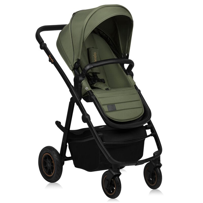 Carucior 3 in 1, Lionelo, Amber Plus, Cadru aluminiu, Cu landou intarit si salteluta moale, Cu scoica auto testata ADAC, Reversibil, Maner ajustabil, Cu accesorii, Cu ventilatie panoramica 3D, Pana la 22 kg, EN1888-1, EN1888-2, EN1466, ECE R129, Verde