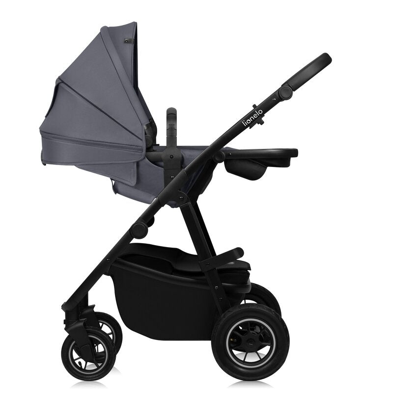 Carucior 3 in 1, Lionelo, Amber Plus, Cadru aluminiu, Cu landou intarit si salteluta moale, Cu scoica auto testata ADAC, Reversibil, Maner ajustabil, Cu accesorii, Cu ventilatie panoramica 3D, Pana la 22 kg, EN1888-1, EN1888-2, EN1466, ECE R129, Gri