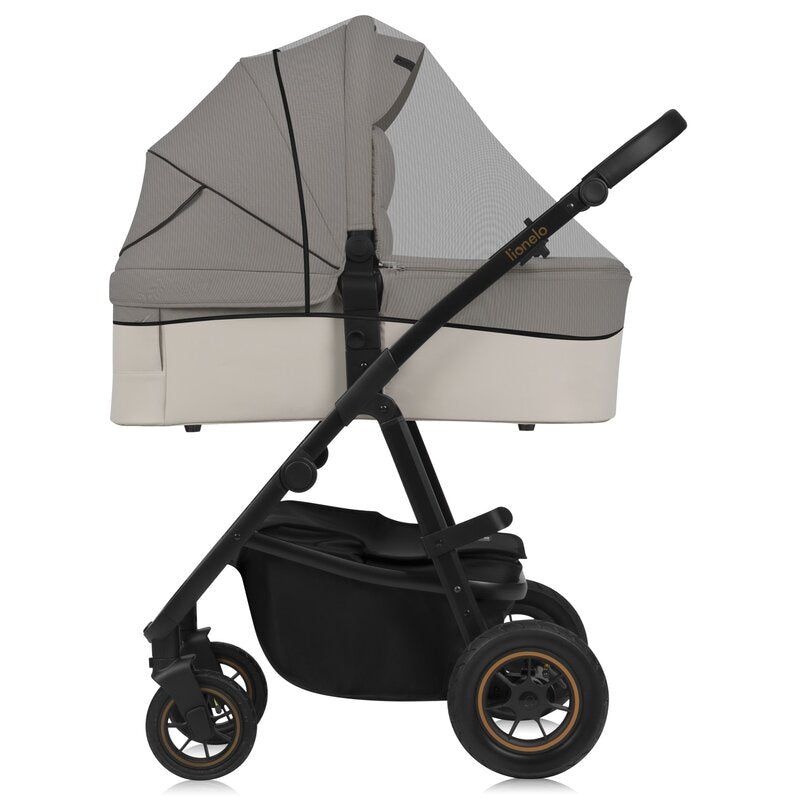 Carucior 3 in 1, Lionelo, Amber Plus, Cadru aluminiu, Cu landou intarit si salteluta moale, Cu scoica auto testata ADAC, Reversibil, Maner ajustabil, Cu accesorii, Cu ventilatie panoramica 3D, Pana la 22 kg, EN1888-1, EN1888-2, EN1466, ECE R129, Bej