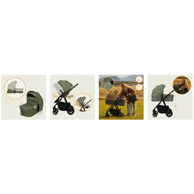 Carucior 3 in 1, Lionelo, Amber Plus, Cadru aluminiu, Cu landou intarit si salteluta moale, Cu scoica auto testata ADAC, Reversibil, Maner ajustabil, Cu accesorii, Cu ventilatie panoramica 3D, Pana la 22 kg, EN1888-1, EN1888-2, EN1466, ECE R129, Verde