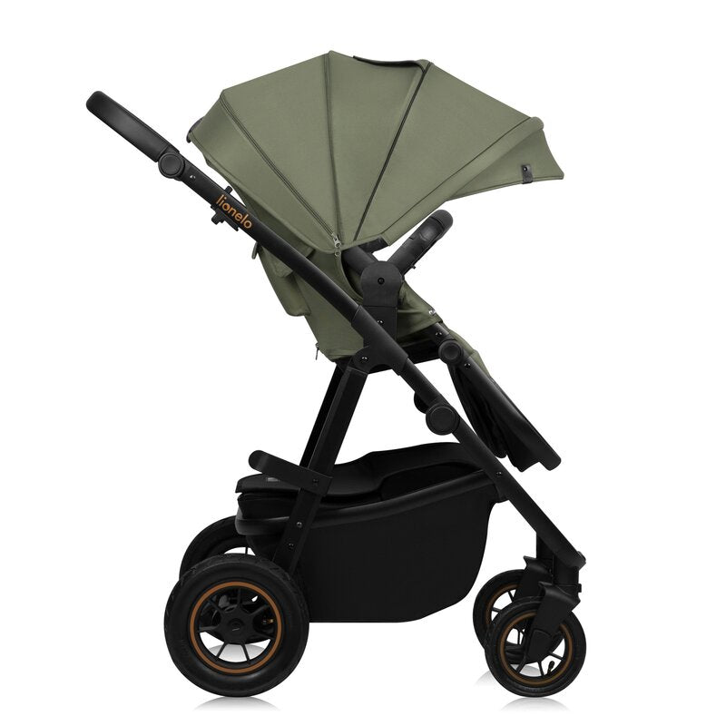Carucior 3 in 1, Lionelo, Amber Plus, Cadru aluminiu, Cu landou intarit si salteluta moale, Cu scoica auto testata ADAC, Reversibil, Maner ajustabil, Cu accesorii, Cu ventilatie panoramica 3D, Pana la 22 kg, EN1888-1, EN1888-2, EN1466, ECE R129, Verde