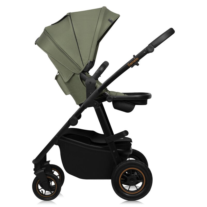 Carucior 3 in 1, Lionelo, Amber Plus, Cadru aluminiu, Cu landou intarit si salteluta moale, Cu scoica auto testata ADAC, Reversibil, Maner ajustabil, Cu accesorii, Cu ventilatie panoramica 3D, Pana la 22 kg, EN1888-1, EN1888-2, EN1466, ECE R129, Verde