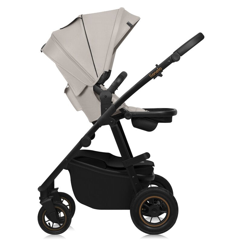 Carucior 3 in 1, Lionelo, Amber Plus, Cadru aluminiu, Cu landou intarit si salteluta moale, Cu scoica auto testata ADAC, Reversibil, Maner ajustabil, Cu accesorii, Cu ventilatie panoramica 3D, Pana la 22 kg, EN1888-1, EN1888-2, EN1466, ECE R129, Bej
