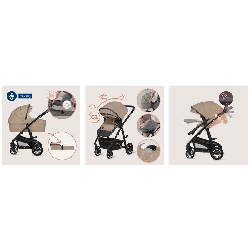 Carucior 3 in 1, Lionelo, Bianka, Transformabil, Cadru aluminiu, Cu landou si salteluta moale, Cu scoica auto, Cu multiple accesorii, Sustine 22 kg, 0 luni+, EN1466:2014+AC:2015, EN1888, Bej